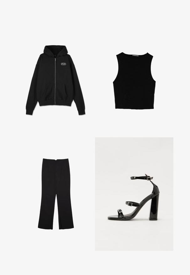 Černá zipová mikina vyrobená z měkké bavlny. Obsahuje klokankovou kapsu a pružné manžety. Malé bílé logo na hrudi. Klasický design a střih.; Černý bezsleeve crop top vyrobený z hladké tkaniny, s kulatým výstřihem a čistým, jednoduchým designem bez vzorů nebo kovových doplňků.; Černé kalhoty s rovným střihem, s předními kapsami a bočními rozparky na lemu. Vyrobené z jemné, hladké tkaniny. Vhodné na různé příležitosti.; Černé lakované sandály na podpatku se čtveratou špičkou, lýtkovými pásky a stříbrnými přezkami. Disponují masivním blokovým podpatkem pro stabilitu.