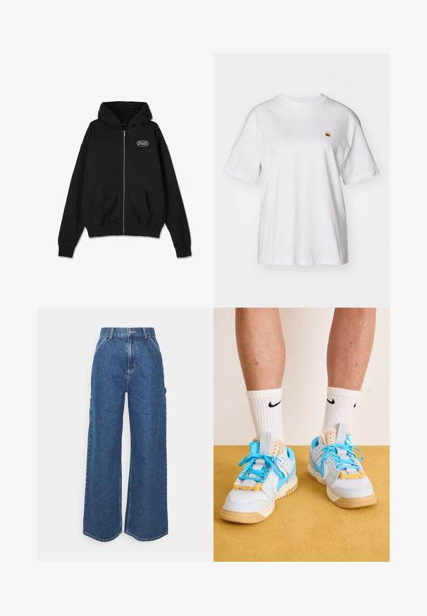 Felpa nera con zip realizzata in morbido cotone. Caratterizzata da una tasca a marsupio e polsini a coste. Piccolo logo bianco sul petto. Design e vestibilità classici.; Maglietta in cotone bianco con vestibilità rilassata, maniche corte e un piccolo logo ricamato sul lato sinistro del petto.; Pantaloni in denim blu a gamba larga con vita alta, cuciture a contrasto e tasche laterali, caratterizzati da un classico design a cinque tasche e orli grezzi.; Sneaker azzurri chiari con suole beige, dotati di stringhe turchesi prominenti e accenti gialli. Materiali testurizzati e ammortizzazione d'aria visibile.