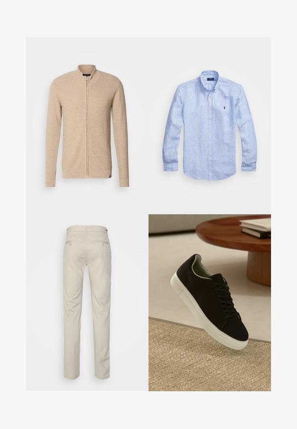Beige zip-up cardigan with a high collar, long sleeves, textured knit fabric, and subtle ribbed accents along cuffs and hem.; Blue and white striped long-sleeve shirt made of cotton, featuring a button-down collar, front buttons, and a small embroidered logo on the chest.; Beige trousers with a smooth texture, straight cut, two back pockets with buttons, and a standard waistband.; Black sneaker with white sole floating above beige textured rug near round wooden table with stacked books.