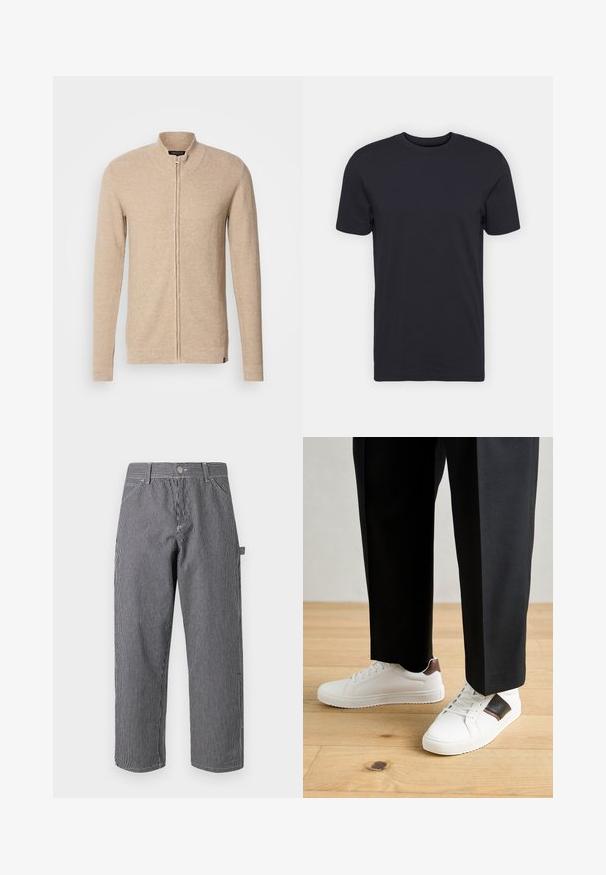 Beige zip-up cardigan with a high collar, long sleeves, textured knit fabric, and subtle ribbed accents along cuffs and hem.; Black cotton t-shirt, short sleeves, crew neckline, solid color, lightweight fabric, smooth texture, no visible patterns or graphics.; Striped trousers made of cotton blend fabric, featuring vertical black and white stripes, a button closure, and side pocket design.; White sneakers with smooth texture, featuring brown leather accents and black detailing, paired with black tailored pants. Wooden floor background.