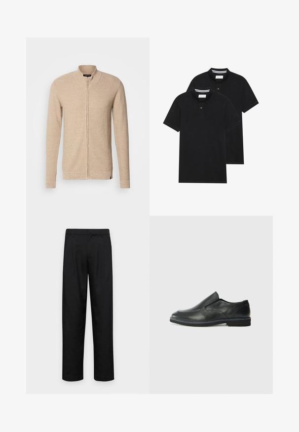 Cardigã bege com fecho éclair, gola alta, mangas longas, tecido de malha texturizada e detalhes de nervuras discretas nas punhos e na bainha.; Duas camisetas polo pretas, de manga curta, em material de algodão, com colarinho clássico, abertura com dois botões e detalhes em riscas brancas no interior do colarinho.; Calças pretas feitas de tecido suave, com um design de perna reta, dois pregas frontais e uma cintura padrão com passantes para cinto.; Sapato slip-on preto em pele com um upper liso, acabamentos cosidos, bico arredondado e um salto de borracha baixo. A sola apresenta um padrão de aderência mínimo.