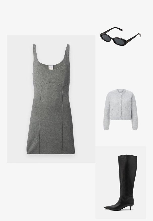 Grauer, kurz geschnittener Cardigan aus strukturiertem Stoff, mit rundem Ausschnitt, frontaler Knopfverschluss und zwei aufgesetzten Taschen. Weiches, flauschiges Erscheinungsbild.; Graues ärmelloses Kleid aus Jersey-Material, mit rundem Ausschnitt, tailliertem Schnitt und dezenter Nahtgestaltung. Etikett am Ausschnitt sichtbar.; Knöchelhohe schwarze Lederstiefel mit einer spitz zulaufenden Zehenpartie und einem Kitten-Heel. Glatte Textur und minimalistisches Design ohne sichtbare Beschläge oder Akzente.; Schwarze, oversized Sonnenbrillen mit ovalen Gläsern, glattem Kunststoffrahmen und goldenen Akzenten an den Bügeln. Die dunklen Gläser bieten Sonnenschutz.; Brauner Wildleder-Handtasche mit einer strukturierten Dreiecksform, einem oberen Griff und einem Klappverschluss. Verfügt über ein dezentes Logodetail an der Seite.