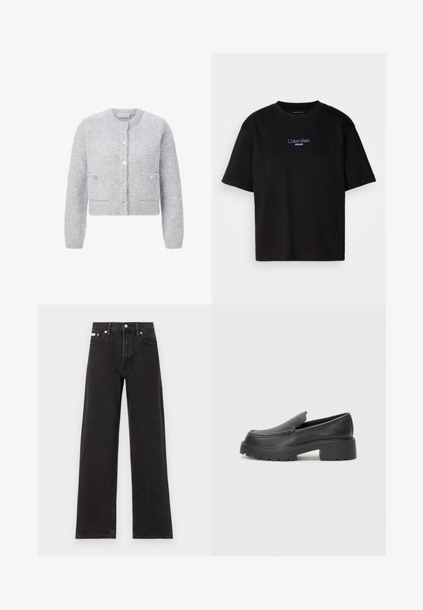 Hallitusseente välimusega lühike kardigan, millel on tekstuuriga kangas, ümar kaelus, ees nupuga kinnitamine ja kaks klapp-taskut. Pehme, udune välimus.; Mustmust särk ümmarguse kaelusega, lühikeste varrukatega ja sinise tikandiga "Calvin Klein JEANS" logo ees.; Mustad laiad mustad teksad, millel on kõrge vöökoht, viie tasku stiil ja metallist nööpkinnitus kontrastsete õmblustega.; Mustad nahast loafers ümarate varvastega, paksu tekstuuriga tald ja minimaalsete õmbluse detailidega. Viimistletud disain, kus pole nähtavaid paelu ega riistu.