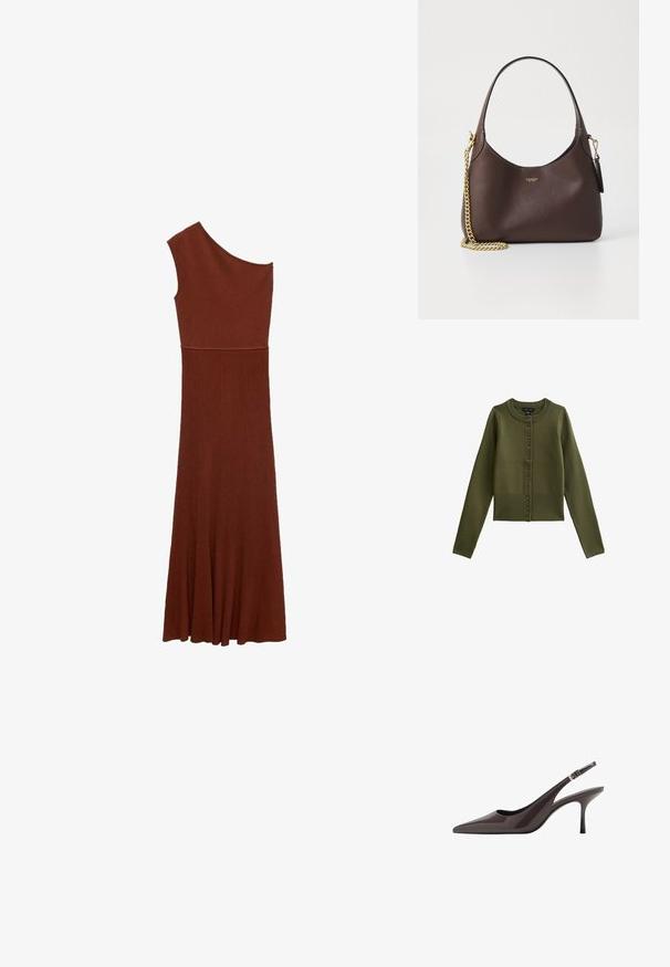 Oliwkowy kardigan z długimi rękawami i okrągłym dekoltem, z rzędem guzików z przodu i ściągaczem u dołu.; Asymetryczna brązowa sukienka z prążkowanego materiału z jednym ramieniem; dopasowany gorset przechodzi w szeroką spódnicę. Gładka tekstura na całej powierzchni.; Czółenka na obcasie w kolorze ciemnobrązowym z lakierowanej skóry, z wąskim wysokim obcasem i regulowanym paskiem na kostce z klamrą.; COACH BROOKLYN ciemnobrązowy