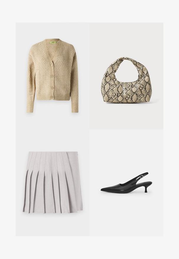 Cardigan lavorato a maglia beige con scollo a V, chiusura a bottone e motivo testurizzato; presenta maniche lunghe e polsini e orlo a coste.; Blusa nera con maniche lunghe in trasparente, motivo a foglia testurizzato, scollo rotondo e piccolo gancio a chiave sul retro.; Gonna pieghettata grigia con una texture liscia, caratterizzata da molteplici pieghe verticali e una vita aderente. Realizzata in un tessuto leggero.; Scarpa slingback nera in pelle con punta affusolata e tacco sottile e curvato. Presenta una discreta fascia regolabile con una fibbia in metallo.; Borsa a stampa rettile con manico curvo. Realizzata in materiali testurizzati beige e marroni, presenta un distintivo motivo a rombi.