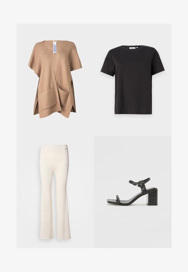 Beige knitted poncho with a V-neck, featuring two front pockets and side slits for ease of movement. Soft texture and relaxed fit.; Black cotton t-shirt with short sleeves, a crew neckline, and a simple, clean design. No visible patterns or embellishments.; Ribbed, cream-colored knit pants with flared legs and a textured lace pattern at the lower hem. Soft material with a fitted waistband.; Black leather block-heeled sandal with a wide strap across the toe and an adjustable ankle strap, featuring a sleek, minimalist design.