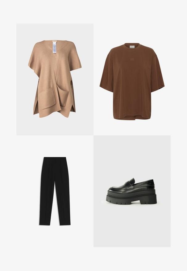 Beżowy dzianinowy poncho z dekoltem w serek, z dwoma przednimi kieszeniami i bocznymi rozcięciami dla wygody ruchu. Miękka tekstura i luźny krój.; Brązowa, oversize krótka koszulka z rękawem, z okrągłym dekoltem i małym haftem logo umieszczonym na środku klatki piersiowej.; Czarne spodnie o prostym kroju, z podwójnymi zakładkami, gładką teksturą i klasycznym krojem w talii. Bez widocznych elementów metalowych ani akcentów.; Czarne skórzane loafersy z grubą platformą. Okrągły nos, detal szwu z przodu i subtelne akcenty przeszycia. Płaska, teksturowana podeszwa.