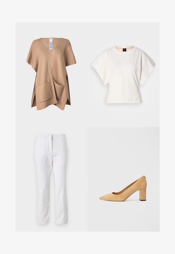 Béžový pletený pončo s výstřihem do V, obsahující dvě přední kapsy a boční rozparky pro snadný pohyb. Měkká textura a uvolněný střih.; Bílý zkrácený T-shirt, krátké široké rukávy, měkký bavlněný materiál, kulatý výstřih s jemným oranžovým lemováním, minimalistický design, bez vzorů nebo grafik.; Bílé bavlněné kalhoty s rovnou nohavicou, s středně vysokým pasem a bez viditelných kovových prvků nebo vzorů. Hladká textura po celém povrchu.; Beige semišové lodičky na vysokém podpatku s špičatou špičkou a silným blokovým podpatkem. Materiál má jemnou texturu a hladký povrch.