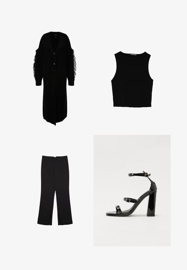 Schwarze Strickjacke mit tiefem V-Ausschnitt, zwei Knöpfen und Fransenverzierungen an den Ärmeln, in einem langen, offenen Design.; Schwarzes ärmelloses Crop-Top aus glattem Stoff, mit rundem Ausschnitt und einem klaren, schlichten Design ohne Muster oder Beschläge.; Schwarze Hose mit geradem Schnitt, ausgestattet mit Fronttaschen und Seitenschlitzen am Saum. Hergestellt aus weichem, glattem Stoff. Geeignet für verschiedene Anlässe.; Schwarze patentierte Sandalen mit Absatz, quadratischer Spitze, Knöchelriemen und silbernen Schnallen. Mit einem stabilen Blockabsatz für mehr Stabilität.