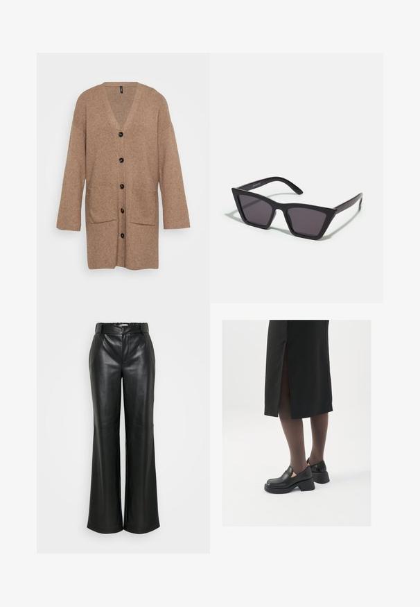 Lång, löst sittande cardigan gjord av mjukt, beige tyg, med djup V-ringning, sex svarta knappar och två framfickor. Texturerad stickad design.; Svart ribbad polotröja, korta ärmar, figurnära design, mjuk textur, minimalt med sömmar och hög krage.; ONLY Tall ONLSMOOTH WIDE - Tygbyxor - black; Svarta läderskor med rund tå, tjock klack utan häl och elastiska sidodetaljer, kombinerat med mörka strumpbyxor och en svart kjol med slits.; Svarta, vinklade solglasögon med grå linser; tillverkade av plast, med tjocka skalmar med en slät yta och utan synlig hårdvara.