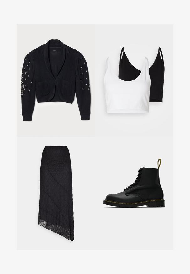 Cardigã curto preto em malha texturizada. Possui mangas longas, dois bolsos frontais e padrões decorativos de estrelas nas mangas, com fecho de botão.; Dois tops de algodão em branco e preto. Cada um tem um decote profundo e alças finas, apresentando uma textura suave e macia.; ONLY ONLKIM LACE SKIRT - Saia comprida - black; Botim de tornozelo em couro preto com atacadores, com costura amarela na sola e uma etiquetagem à trás do calcanhar, mostrado de lado sobre um fundo plain.
