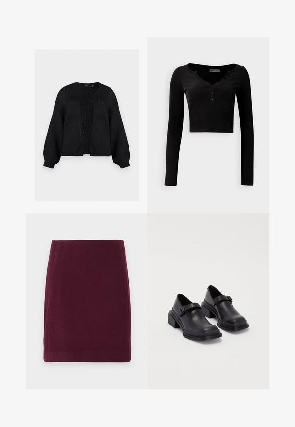 Svart strikket cardigan med løs passform, med rund hals, lange puffermotiver og åpen frontdesign. Teksturert stoff gjennom hele.; Svart, kort erm langermet topp laget av ribbestrikket stoff, med V-utringning og en tre-knappers stolpe foran.; Vero Moda VMFORTUNALLISON SHORT - A-line skjørt - winetasting; Sorte lærersko med rund tå, flat såle og en rem med spenne-detalj. Kraftig blokkhæl for bedre stabilitet.