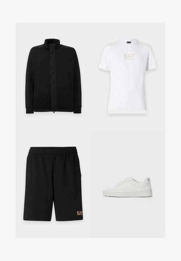 Melna jaka ar augstu apkakli, spiedpogu aizdari un kontrastējošiem auduma paneļiem. Iekļauj divas sānu kabatas un ribotās aproces, lai nodrošinātu pieguļošu izskatu.; Balta kokvilnas t-kreklā ar apaļu kakla izgriezumu un īsām piedurknēm, ar zeltītu EA7 Emporio Armani logotipu uz priekša.; Melnas sporta šortus, kas izgatavoti no mīksta auduma, ar elastīgu jostu un mazu dzeltenu EA7 logo zem kreisā kājas stūra.; Baltas ādas sneakers ar gludu virsmu, apaļu pirkstu daļu, plakaniem šņorēm un teksturētu zoli. Satur diskrētu logotipu uz papēža.