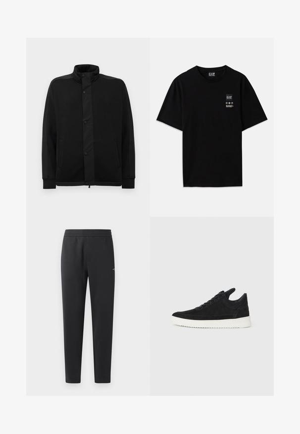 Čierna bunda s vysokým golierom, patentkami a kontrastnými látkovými panelmi. Obsahuje dve bočné vrecká a rebrované manžety pre priliehavý vzhľad.; Čierne bavlnené tričko s krátkymi rukávmi, okrúhlym výstrihom a malou logom na prednej strane, ktorá obsahuje symboly starostlivosti v bielej farbe.; Čierne joggingové nohavice z mäkkej tkaniny, s elastickým pásom, rovnými nohavicami a malým logom na boku.; čierne semišové tenisky s bielou gumovou podrážkou, s tonálnym prešívaním a šnurovaním. Hladká textúra s moderným, zjednodušeným tvarom.