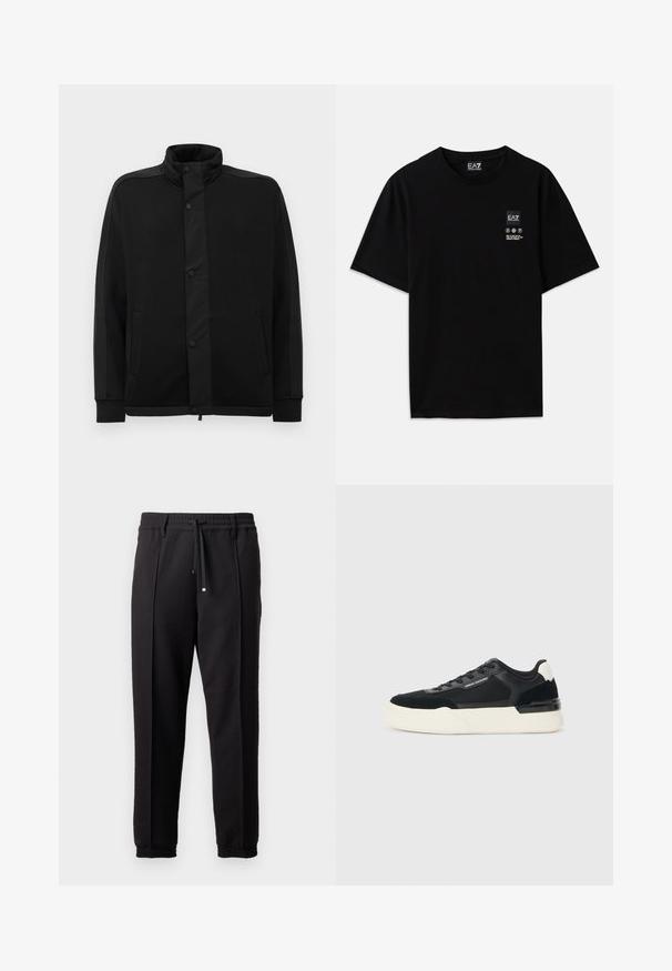 Černá bunda s vysokým límcem, patentkami a kontrastními látkovými panely. Obsahuje dvě postranní kapsy a žebrované manžety pro přiléhavý vzhled.; Černé bavlněné tričko s krátkými rukávy, kulatým výstřihem a malou etiketu s logem na přední straně, která obsahuje bílé symboly péče.; Černé kalhoty s páskem, šňůrkou na stažení a elastickými manžetami. Obsahují sklady a hladkou, strukturovanou látku.; Černé tenisky vyrobené z mřížkového materiálu a kůže, s výraznou bílou podešví a kontrastními akcenty. Šněrování a detail loga na straně.