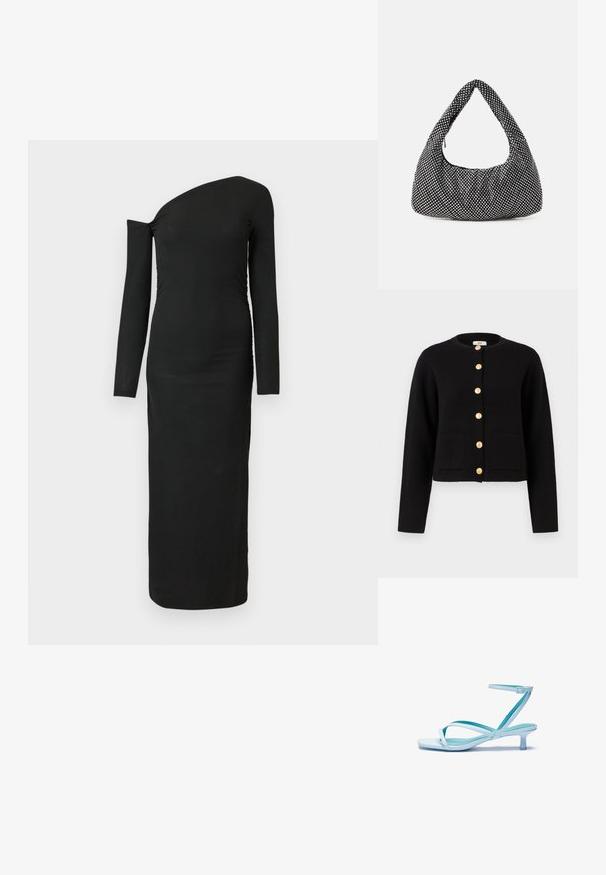 JDY Cardigan - black; Black, form-fitting, long-sleeve dress with an asymmetric neckline and gathered side detail, made from ribbed fabric.; Light blue strappy sandal with a square toe, low heel, adjustable ankle strap, and smooth, glossy finish. Crossed straps on the footbed.; Black bag with a curved, hobo shape, textured fabric featuring silver studs. Singular top handle, zip closure, and soft silhouette.