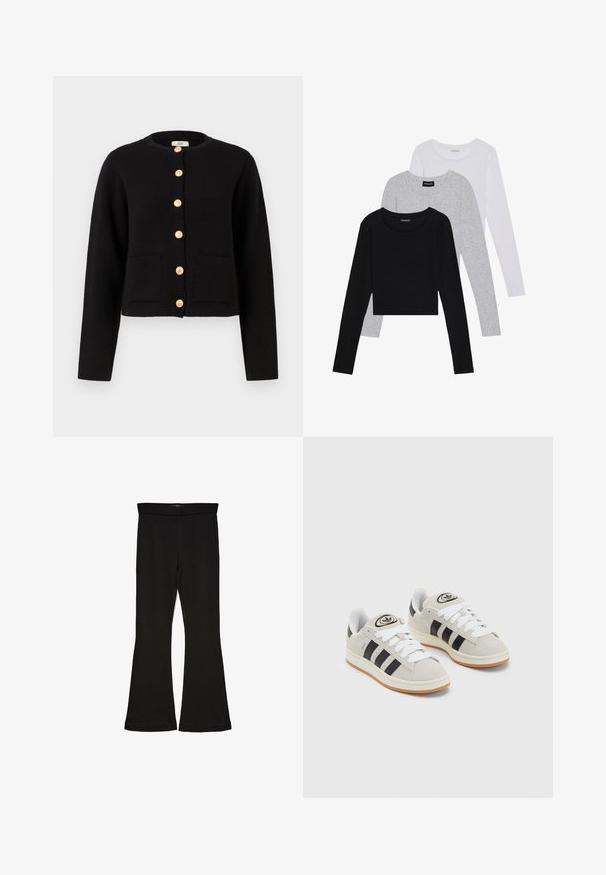 JDY Kardiganas - black; Trijų ilgomis rankovėmis marškinėlių krūva: juodas, pilkas ir baltas. Kiekvienas turi apvalų iškirpimą ir trumpą dizainą, pagamintas iš lygaus, lengvo audinio.; Juodos flared tipo legginsai, pagaminti iš tamprios medžiagos. Yra platus juosmuo ir lygus paviršius, su prie kūno priglundančiu siluetu, kuris pločiasi ties apatine dalimi.; Grynos zomšos sneakeriai su baltais raišteliais, juodomis juostelėmis ir balta gumine sole. Turintys apskritą logotipą ant liežuvėlio ir guminę sole.