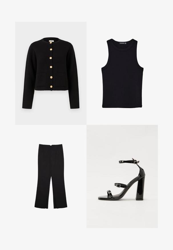 JDY Kardigán - black; Čierny tank top vyrobený z bavlny, s okrúhlym výstrihom a širokými ramienkami. Hladká textúra so zošitými okrajmi. Klasický, minimalistický dizajn.; Čierne nohavice so strihom rovného strihu, s prednými vreckami a bočnými rozparkami na leme. Vyrobené z mäkkej, hladkej tkaniny. Vhodné na rôzne príležitosti.; Čierne lakované sandále na vysokom opätku s dvoma prackami, štvorcovou špičkou a hrubým blokovým opätkom, s hladkou, lesklou textúrou.