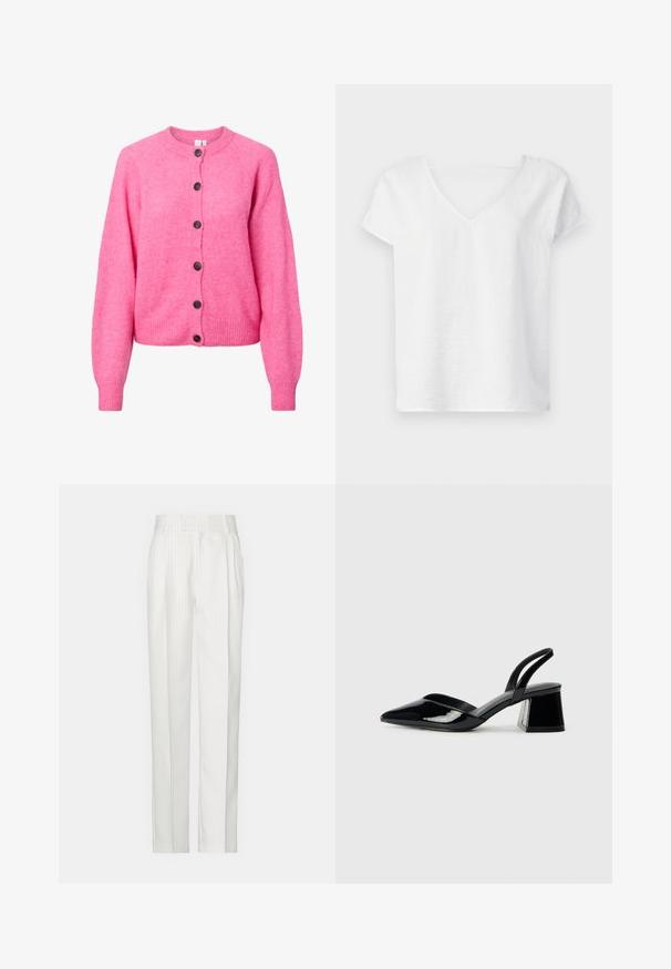 Cardigã tricotado rosa brilhante com mangas longas, gola redonda, punhos e barra canelados, e seis botões escuros na parte da frente.; Camisa de linho branca com um corte descontraído, mangas curtas e um design em V. Apresenta uma superfície levemente texturizada e fendas laterais para facilitar os movimentos.; Calças brancas com riscas verticais e um design de perna reta, feitas de um tecido leve. Apresentam pregas na frente e uma cintura tradicional.; Sandy em verniz preto com salto slingback, ponta afilada e salto geométrico. Apresenta um design elegante e minimalista com textura suave.