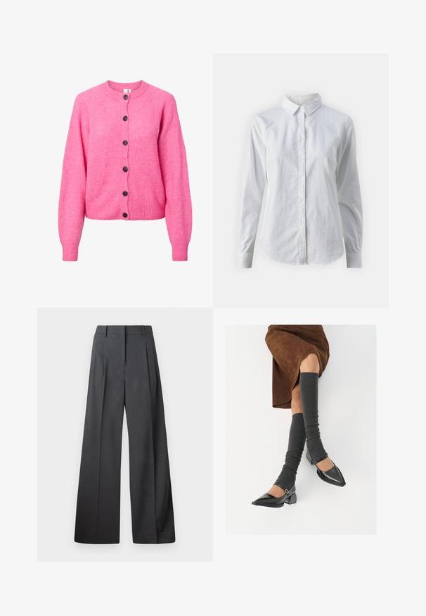 Φωτεινό ροζ πλέκτο ζακέτα με μακριά μανίκια, στρογγυλή λαιμόκοψη, ραμμένα μανίκια και στρίφωμα, και έξι σκούρα κουμπιά μπροστά.; Λευκή πουκαμίσα με κουμπιά, φτιαγμένη από λείο βαμβάκι, με κλασικό γιακά, μακριά μανίκια και καμπυλωτό στρίφωμα. Τα κουμπιά είναι μικρά και λευκά.; Φαρδιά παντελόνια από σκούρο γκρι ύφασμα, με ψηλή μέση, μονές πτυχές και λεία υφή με καθαρή τελείωση στις άκρες.; Μαύρες πατεν leather γόβες με αιχμηρή μύτη, τετράγωνη φτέρνα και λουράκι αστραγάλου, συνδυασμένες με γκρι ριγέ ζεστά ποδιές και καφέ σουέντ φούστα.