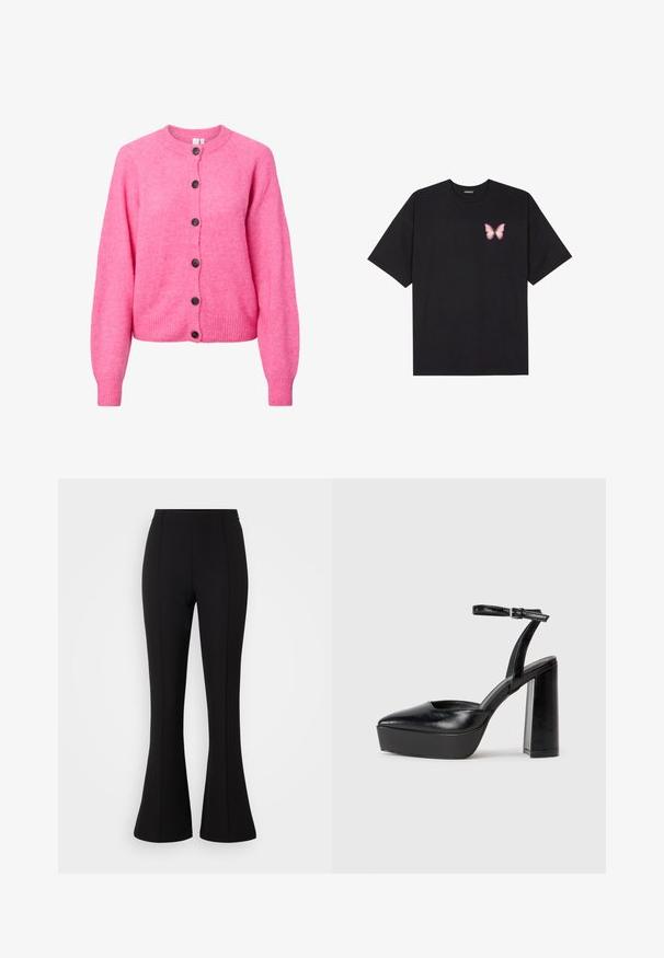 Cardigã tricotado rosa brilhante com mangas longas, gola redonda, punhos e barra canelados, e seis botões escuros na parte da frente.; T-shirt de algodão preto com mangas curtas, apresentando um pequeno gráfico de borboleta rosa no lado esquerdo do peito. Design de gola redonda com um corte solto.; Calças largas pretas feitas de um tecido elástico, com uma textura suave, cintura alta e detalhes de costura na frente.; Saltos altos pretos com bico fino e atilho ajustável no tornozelo. Confeccionados em couro suave, apresentam um salto bloco robusto.
