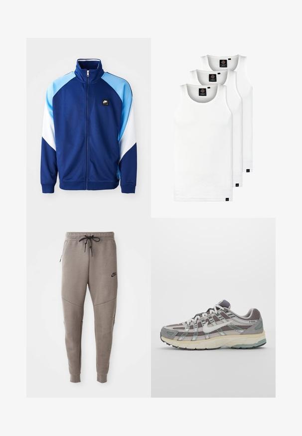 Jaqueta de fecho éclair nas cores azul marinho e azul claro, feita de um tecido liso, com colarinho alto e design em blocos de cor, apresentando um patch com o logótipo no peito.; Três tops em algodão de alças brancas com nervuras. Apresentam um decote redondo e pequenas etiquetas pretas perto da bainha. Disponíveis em vários tamanhos.; Calças de treino cinzentas da Nike com um cós elástico ajustável, pernas ajustadas, bolsos laterais e pormenores de costura distintos. Tecido suave e texturizado.; Sapatilha atlética cinza com parte superior em malha e camurça, detalhes brancos, sola acolchoada e um design distinto com elementos refletivos.