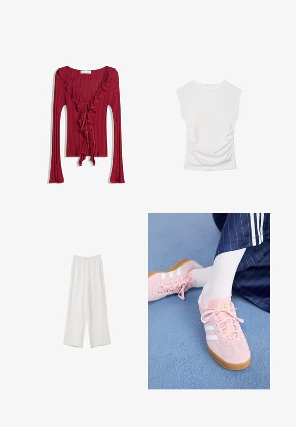 Červený rebrovaný top s dlhým rukávom a výstrihom do V, zdobený volánmi pozdĺž okraja výstrihu a stredu. Šnúrky v prednej časti vytvárajú priliehavý vzhľad.; Biely bezrukávový top s okrúhlym výstrihom a jemným naberaním na bokoch, zobrazený rovno na bielom pozadí.; Biele široké nohavice vyrobené z ľahkej tkaniny. Obsahujú elastický pás so sťahovacou šnúrkou a bočné vrecká. Hladká textúra.; Svetloružové semišové tenisky s bielymi pruhmi a šnúrkami, s textúrovaným jazykom a gumenou podrážkou, umiestnené na modrom koberci.