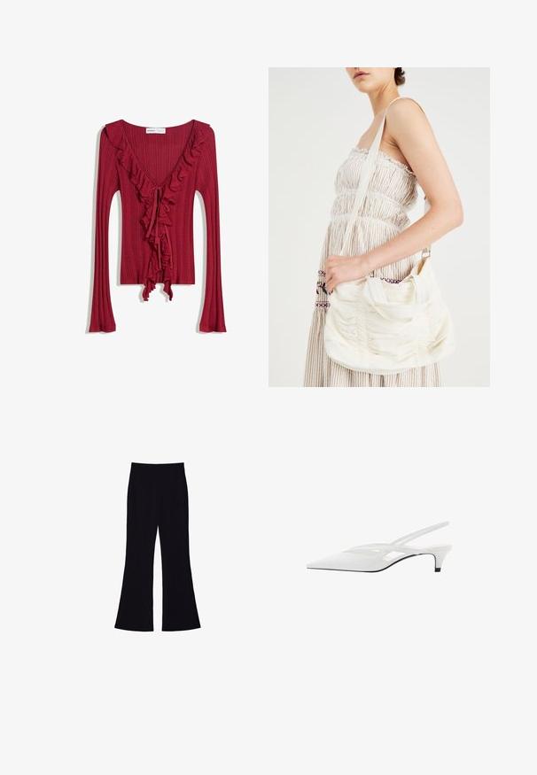 Czerwona prążkowana bluzka z długim rękawem, dekoltem w kształcie litery V oraz falbaniastymi akcentami wzdłuż dekoltu i w centralnej części. Zawiązania z przodu nadają dopasowany wygląd.; Kremowa koszulka z krótkim rękawem, wykonana z miękkiej bawełny. Posiada okrągły dekolt i luźny krój z minimalnymi detalami szycia.; Czarne spódnie flare z wysokim stanem, bez widocznych kieszeni i guzików, przedstawione na białym tle.; Biała szpilka na odkrytej pięcie z ostrym noskiem, charakteryzująca się gładką cholewką, subtelnymi wycięciami i niskim obcasem w kształcie bloku. Czarna podeszwa podkreśla design.; Biała torba na ramię z tkaniny o marszczonej fakturze, regulowanym pasku i srebrnymi elementami. Wyeksponowana obok kremowej sukienki.