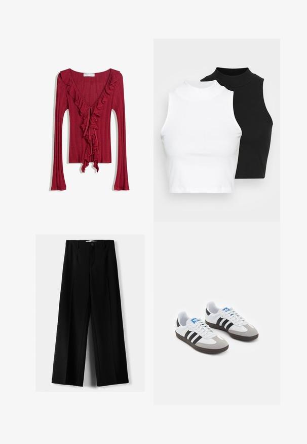 Červený rebrovaný top s dlhým rukávom a výstrihom do V, zdobený volánmi pozdĺž okraja výstrihu a stredu. Šnúrky v prednej časti vytvárajú priliehavý vzhľad.; Dve bezrukávové rebrované roláky v čiernej a bielej farbe, pričom majú priliehavý strih a hladkú textúru, s krátkou dĺžkou.; Čierne široké nohavice z ľahkého materiálu, s predným zapínaním na gombík a plochým predným dielom, s pekne ušitými lemami.; Športové topánky s bielym koženým zvrškom, šedou semišovou špičkou a tromi čiernymi pruhmi. Obsahujú modré logo na jazyku a štruktúrovanú gumovú podrážku.