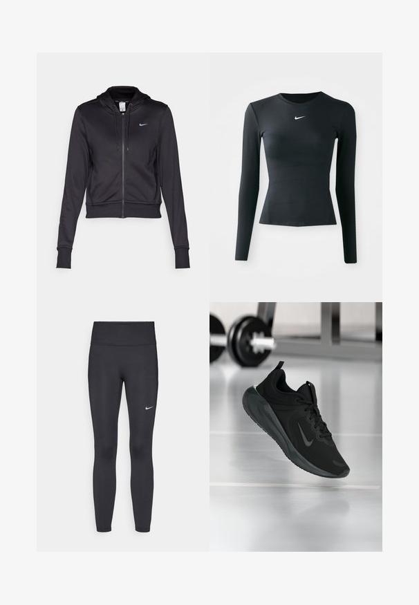 Zwarte zip-up hoodie van gladde stof, met een capuchon met trekkoord en een klein blauw Nike-logo op de borst. Korte ontwerp met rib gebreide mouwen.; Zwarte lang mouwen aansluitende top van gladde, rekbare stof. Heeft een ronde hals en een klein wit Nike-logo op de borst.; Zwarte legging van rekbare stof met een hoge tailleband en een wit Nike-logo op de linkerdij. Gladde textuur, aansluitend ontwerp.; Zwarte sportsneaker met Nike-logo, weergegeven in de lucht boven de gymvloer, met een vervaagde halterrek op de achtergrond.
