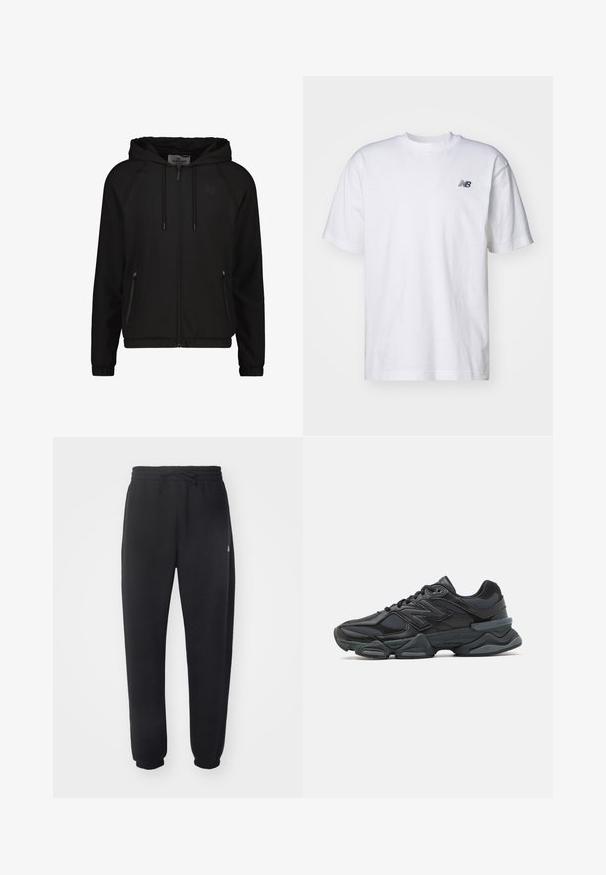 Giacca nera con cappuccio realizzata in tessuto morbido. Presenta una chiusura con zip frontale, due tasche laterali e polsini elastici. Logo discreto sul petto.; T-shirt bianco a maniche corte con scollo rotondo e piccolo logo nero New Balance sul lato sinistro del petto, su uno sfondo neutro.; Pantaloni della tuta neri realizzati in materiale morbido con vita elastica, coulisse e polsini aderenti, caratterizzati da un logo sottile sul lato.; Scarpa da corsa nera con una combinazione di materiali in rete e sintetici, suola spessa, design curvo e marchio ben visibile sul lato.