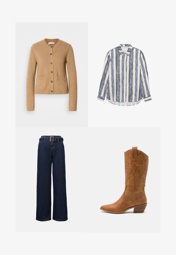 Beige adīta džemperis ar apaļu kaklu, garām piedurknēm, priekšējo pogu aizdari un divām frontālām kabatām, attēlots uz vienkārša balta fona.; Kreklu ar pogām, kas rotāts ar vertikālām svītrām zilā, melnā un baltā krāsā. Izgatavots no gluda auduma ar klasisku apkakli un pogu aizdari.; Tumši zili platlegu denimi bikses ar izšūtām kabatām un saderīgu jostu, kurai ir liels taisnstūrains zelta sprādze.; Brūni ādas kovboju zābaks ar norādītu purngalu, izšūtām viļņveida apakšējo detaļu un sakrautajiem blokiem. Iezīmēts ar velkšanas cilpu ērtai uzvilkšanai.