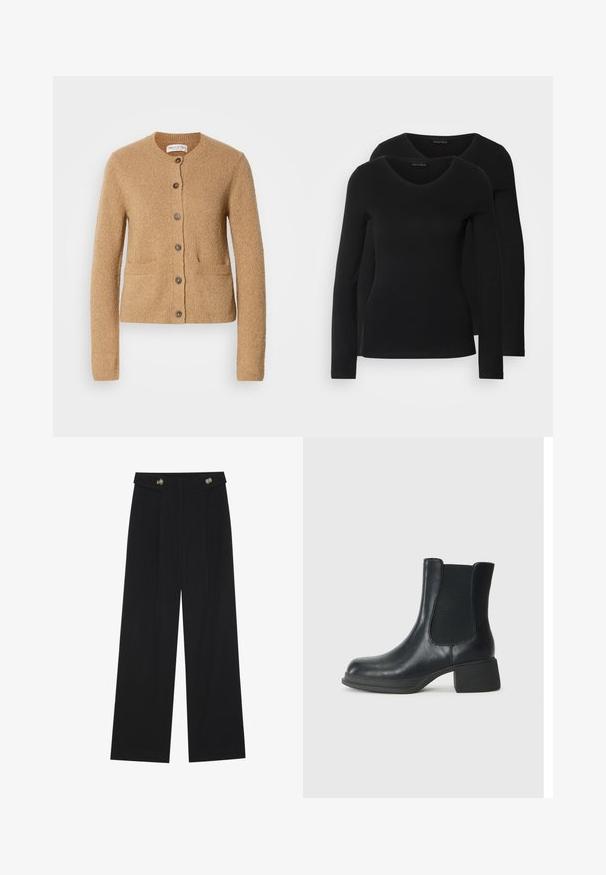 Beige strikket cardigan med rund hals, lange ermer, knappestolpe foran, og to frontlommer, vist mot en enkel hvit bakgrunn.; To svarte langermede skjorter med V-halsdesign, laget av mykt, elastisk stoff, viser jevn tekstur og en tettsittende fasong.; Svart vide bukser med høy midje, knappdetaljer på midjebåndet og frontplisser.; Sorte skinn ankle boots med elastiske sidepaneler, rund tå og en lav blokk hæl. Overflaten har en jevn tekstur og minimal detaljering.