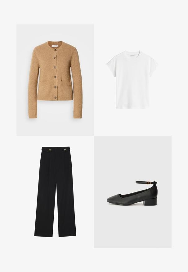 Beige strikket cardigan med rund hals, lange ermer, knappestolpe foran, og to frontlommer, vist mot en enkel hvit bakgrunn.; Hvit kortermet t-skjorte laget av bomull. Har en avslappet passform med rund halslinning og lett senkede skuldersømmer. Ingen mønstre eller detaljer.; Svart vide bukser med høy midje, knappdetaljer på midjebåndet og frontplisser.; Sorte skinnpumper med spiss tå og lav blokkhelt. Har ankelrem med gullfarget spenne. Glatt tekstur.
