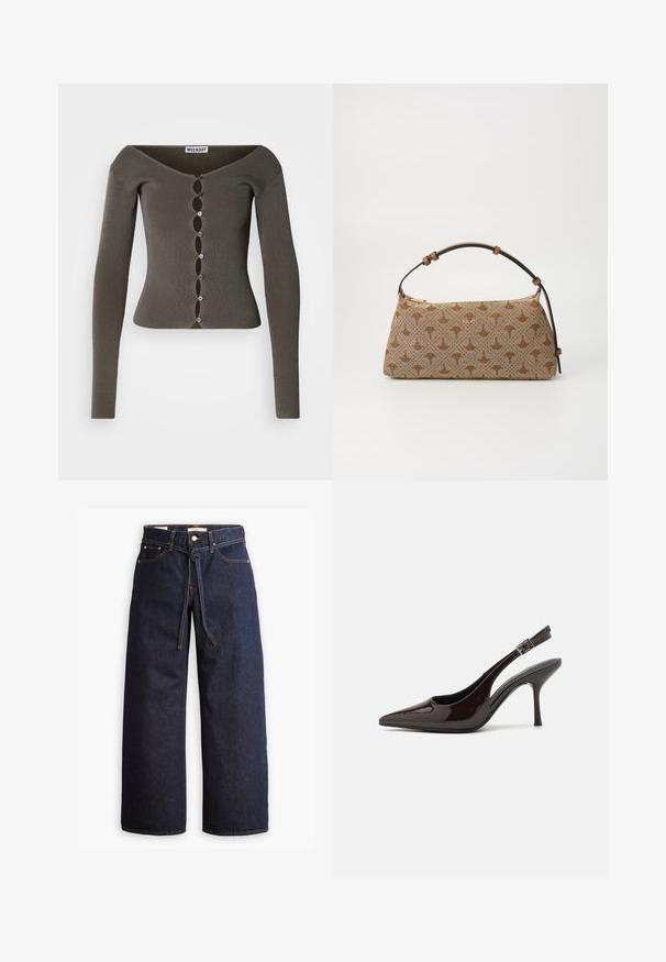 Mørkegrå, ribbet langærmet cropped cardigan med bølgemønster knaplukning og bred halsudskæring mærket "WEEKDAY".; Blå stribet skjorte med knapper, krave, lange ærmer og buet kant. Stoffet virker glat og let. Knaplukning foran.; Bredde ben mørkeblå denim jeans med høj talje, der har snoretræk, fem lommer og kontrastsyet detaljer.; Slingback højhælet sko i glat mørkebrun patenteret læder, spids tå, åbne sider og justerbar ankelrem.; Brun mønstret håndtaske med tekstureret stof, brun læderrem og guld logo detalje på en beige baggrund. Bøjet, struktureret form.