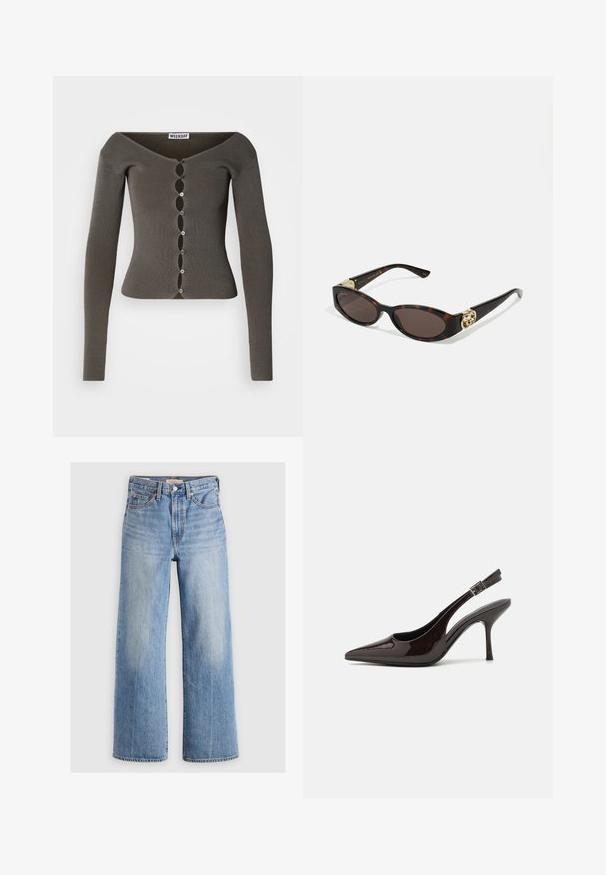 Cardigan cropped a maniche lunghe di colore grigio scuro a costine con chiusura a bottone ondulato e scollatura ampia, etichettato "WEEKDAY".; Top a maniche lunghe con collo alto di colore beige chiaro. Realizzato in un tessuto morbido e elasticizzato, con una vestibilità rilassata e un collo pieghevole.; Jeans in denim blu chiaro a gamba larga con vita alta, aree sbiadite, cinque tasche e cuciture a contrasto. Classico bottone e chiusura con zip.; Scarpa con tacco alto tipo slingback in pelle verniciata marrone scuro lucido, punta affusolata, lati aperti e cinturino alla caviglia regolabile.; Occhiali da sole tartarugati con lenti ovali allungate, tonalità marrone, accenti dorati con logo sulle tempie e aste nere eleganti.; Orecchini a vortice dorati con supporto trasparente, caratterizzati da accenti dorati testurizzati e piccoli gemstone trasparenti incastonati nel design.