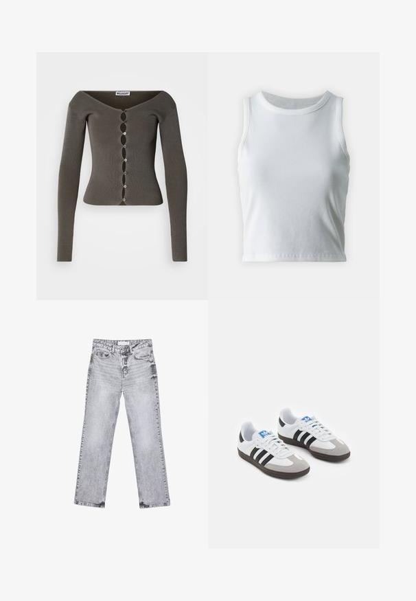 Tmavošedý rebrovaný kratučký kardigan s dlhým rukávom, s vrúbkovaným uzáverom a širokým výstrihom, označený "WEEKDAY".; Biely rebrovaný top bez rukávov s okrúhlym výstrihom, so strapatým lemom a hladkou, elastickou textúrou.; Šedé džínsy s rovnými nohavicami, s opotrebovaním, piatimi vreckami a meďou pokovovanými nitmi. Pás má štítok s logom.; Športové topánky s bielym koženým zvrškom, šedou semišovou špičkou a tromi čiernymi pruhmi. Obsahujú modré logo na jazyku a štruktúrovanú gumovú podrážku.
