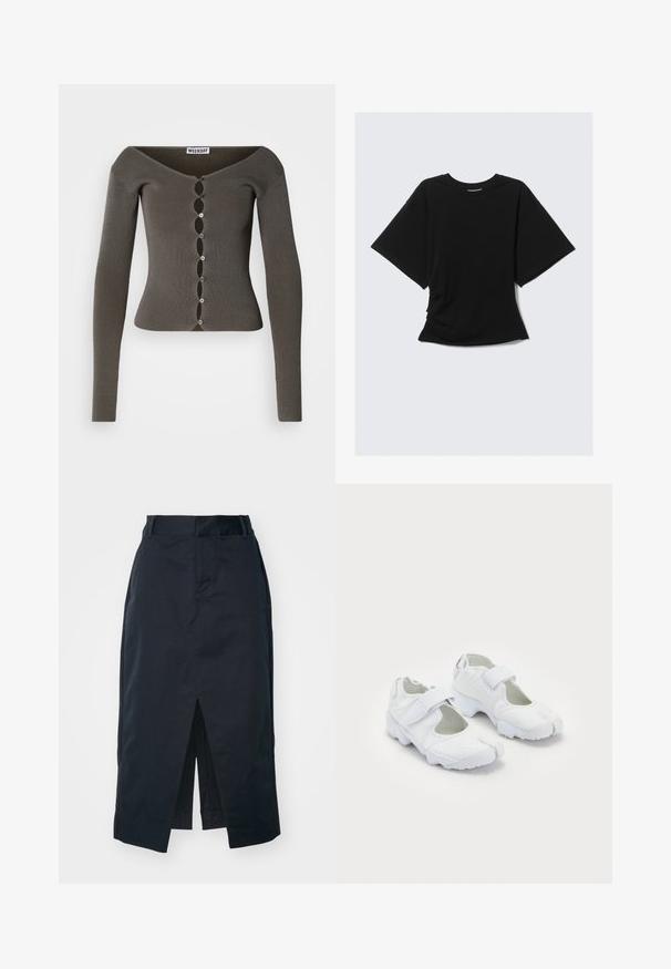 Temno siva rebrasta dolg rokav kardigan s krajno zapiranjem in širokim izrezom, označen z "WEEKDAY".; Črna oversized kratkolasna majica s krožnim izrezom in rahlo oprijetim pasom na enostavni svetli podlagi.; Temno modra midi krila iz mešanice bombaža, z značilnim sprednjim razporkom, zadrgo, skrito na strani, in stranskimi žepi za funkcionalnost.; Bela športna obutev z teksturiranim zgornjim delom, nastavljivim Velcro trakom, zaobljenim prstom in masivnim podplatom z izrazitim profilom.