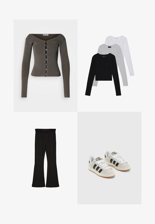 Cardigan cropped a maniche lunghe di colore grigio scuro a costine con chiusura a bottone ondulato e scollatura ampia, etichettato "WEEKDAY".; Tre magliette a maniche lunghe impilate: nera, grigia e bianca. Ognuna ha un colletto rotondo e un design accorciato con tessuto morbido e leggero.; Leggings a zampa nera realizzati in un tessuto elasticizzato. Presentano una vita alta e una superficie liscia, con una silhouette aderente che si ampia all'orlo.; Sneakers in suede grigio con lacci bianchi, strisce nere e suola in gomma bianca. Presentano un logo circolare sulla linguetta e una suola in gomma.