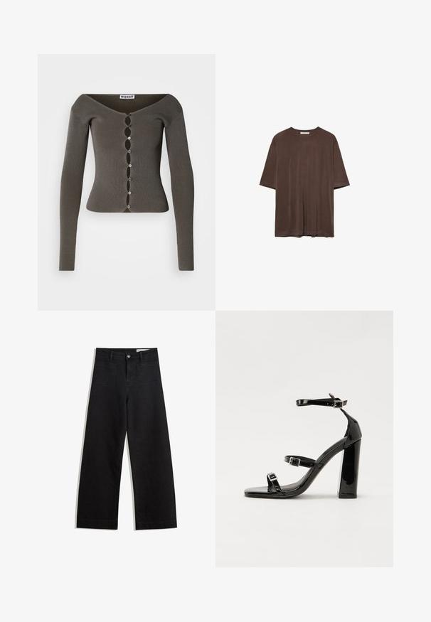Mørkegrå, ribbet langærmet cropped cardigan med bølgemønster knaplukning og bred halsudskæring mærket "WEEKDAY".; Brun kortærmet t-shirt lavet af blødt stof, med rund halsudskæring og en afslappet pasform. Glat overflade uden mønstre eller detaljer.; Sorte wide-leg denim bukser med høj talje, der har front- og baglommer, syede sømme og en knaplukning. Glat tekstur.; Sorte laklædersandaler med høje hæle, to spænderemme, firkantet tå og en kraftig blokhæl, der har en glat, blank overflade.