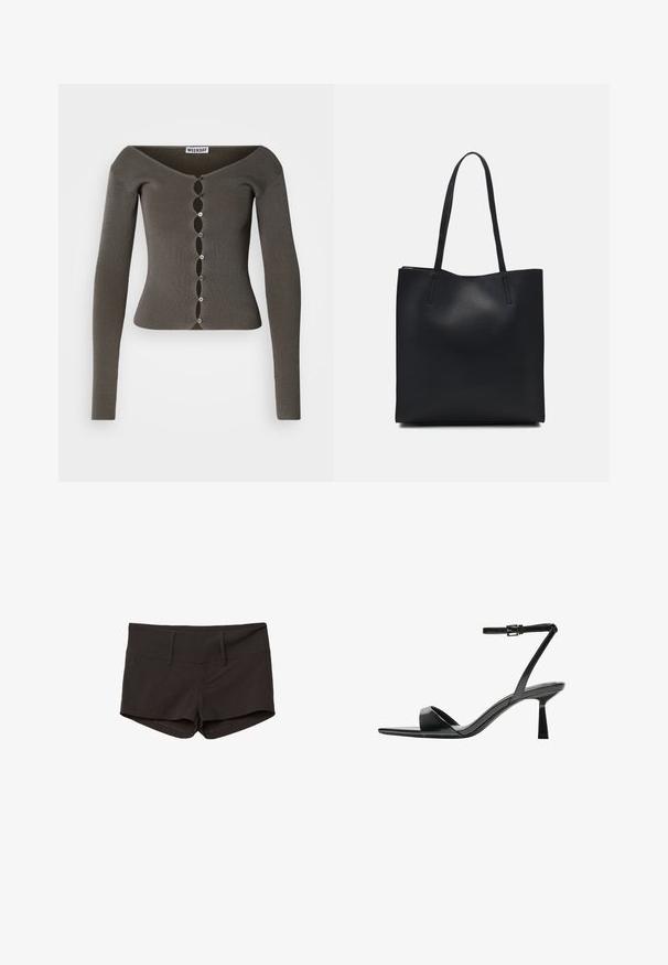 Tamno siva rebrasta dugački kardigan s kratkim rukavima sa zakovitim zatvaranjem i širokim izrezom, označen "WEEKDAY".; Crna majica kratkih rukava od mekanog materijala. Ima klasični okrugli izrez i opušteni kroj. Bez vidljivih uzoraka ili akcenta.; Crne pamučne kratke hlače s prilagođenim dizajnom, s glatkom teksturom i dva prednja džepa. Srednji pojas i bez uočljivih uzoraka.; Bershka Sandale s visokom petom - black; Crna kožna torba za nošenje s glatkom teksturom, pravokutnim oblikom i dvije duge ručke. Nema vidljivih metalnih dijelova ili ukrasa.