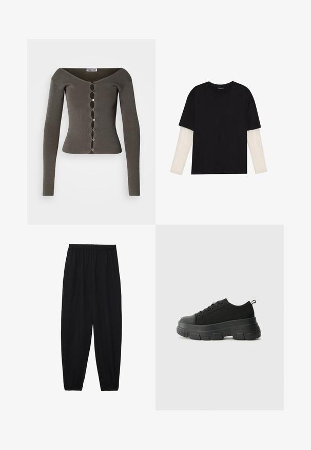 Tumesinine ribaga pikkade varrukatega lühike kardigan, millel on laineline nööpide sulgemine ja lai kaelus, tähistatud "WEEKDAY".; Mustmust särk, mis on valmistatud puuvillast, lühikeste varrukatega, valge pika varrukaga kihi peal, millel on peene tekstuuriga muster. Ümar kaelus.; Mustad, kerge kangas püksid elastse vöökoha ja kokku volditud pahkluudega. Kanga pind on sile ja disain on lõdvestunud, kitsenev.; Mustad mustad mustikad, millel on tugev kummist põhi, tekstuuriga kangast pealis, ümar varvas ja seotud disain. Omab tugevdatud silmuseid ja tagumist tõmbeotsta.