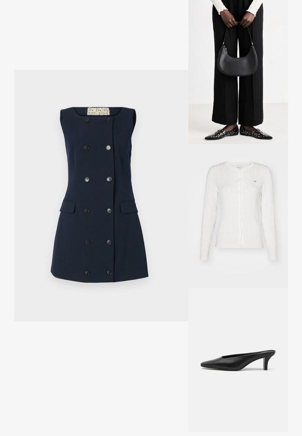 White cable-knit cardigan with long sleeves, round neck, and button closure. Features subtle ribbed trim and a small logo on the chest.; Navy sleeveless dress with a fitted shape, double-breasted button closure, two front pockets, and a flat collar for a structured silhouette.; Black leather pointed-toe mules with a low stiletto heel. Smooth texture, minimalistic design, and open back for easy wear.; Black leather shoulder bag with a rounded shape, glossy finish, and silver hardware. Person wearing black wide-leg pants and studded loafers.