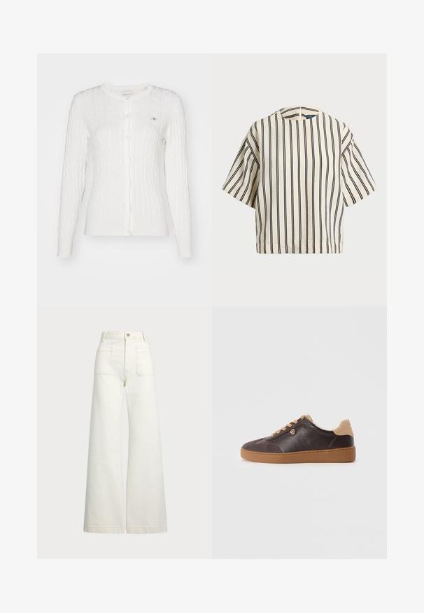 White cable-knit cardigan with long sleeves, round neck, and button closure. Features subtle ribbed trim and a small logo on the chest.; Short-sleeve, striped top in cream and navy, featuring a round neckline and boxy design with a textured fabric.; Wide-leg jeans in off-white denim. High-waisted design with a button closure, two front pockets, and contrast stitching details.; Dark brown leather and suede sneaker with tan laces and sole, gold logo accent, and "Michael Kors" embossed on the sole.