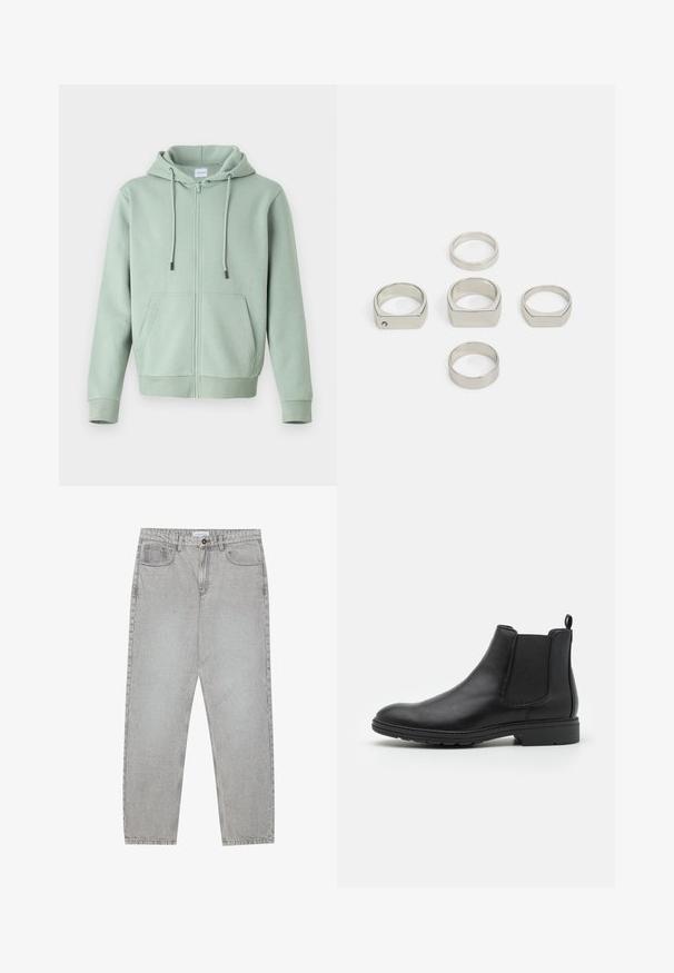 Light green zip-up hoodie made of soft fabric, featuring a front zipper, adjustable drawstrings, and two side pockets.; Two short-sleeve shirts: one solid black, one white with black vertical stripes. Both feature button closures and a classic collar.; Light grey denim pants with a straight-leg design, five-pocket styling, and a button closure. Visible stitching along the seams.; Black leather Chelsea boot with elastic side panels and a pull tab, featuring a rounded toe and textured rubber sole.; Set of six metallic silver rings in various shapes, including round and square, featuring smooth textures and minimalistic design.