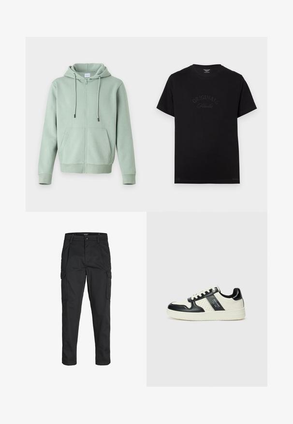 Felpa con zip verde chiaro realizzata in morbido tessuto, con zip frontale, cordini regolabili e due tasche laterali.; T-shirt in cotone nero con maniche corte e scollatura rotonda. Presenta la scritta "ORIGINALS Studio" in rilievo con lettering tonale sul davanti.; Pantaloni cargo neri realizzati in un tessuto resistente, dotati di molteplici tasche, chiusura con bottone e un design aderente con gambe affusolate.; Sneakers in pelle con una combinazione di colori nero e crema, dotati di dettagli perforati, collare imbottito e suola testurizzata.