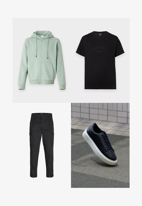 Hele roheline kapuutsiga sviiter, mis on valmistatud pehmest kangast, esitades eesluku, reguleeritavad paelad ja kaks küljetaskut.; Must t-särk lühikeste varrukatega ja ümmarguse kaelusega. Esiküljel on hõbedaselt kirjeldatud "ORIGINALS Studio".; Mustad mustapõlvik, mis on valmistatud tugeva koe kasutades, sisaldab mitmeid taskuid, nupule kinnitatav sulgemine ja kitsenev disain.; Mustast nahast tennisetoss, millel on ümar nina ja valge kummist tall. Omab siredaid paelu ja minimaalset õmblemist ülemises osas. Tekstuuriga tald, mis tagab haakuvuse.