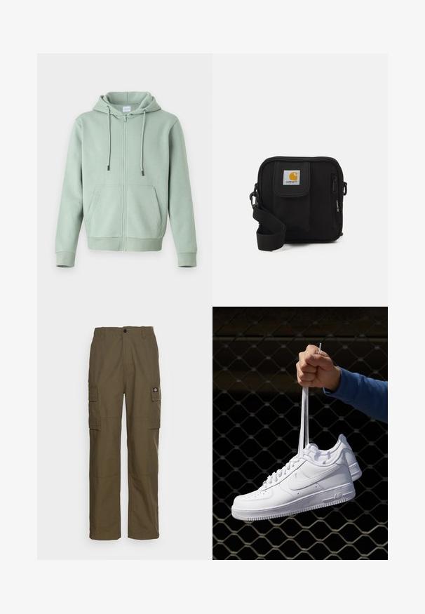 Light green zip-up hoodie made of soft fabric, featuring a front zipper, adjustable drawstrings, and two side pockets.; White short-sleeve t-shirt made of cotton, featuring a crew neckline and a smooth texture, with a straight cut and no patterns.; Cargo pants in olive green, made of durable fabric. Features two side pockets, a standard waist, and a straight-leg design.; White leather sneakers with perforations, round toe, flat sole, and thick laces, featuring a visible swoosh logo and "AIR" on the heel.; Black crossbody bag with a zippered main compartment, front pocket, adjustable strap, and a visible logo patch on the flap.