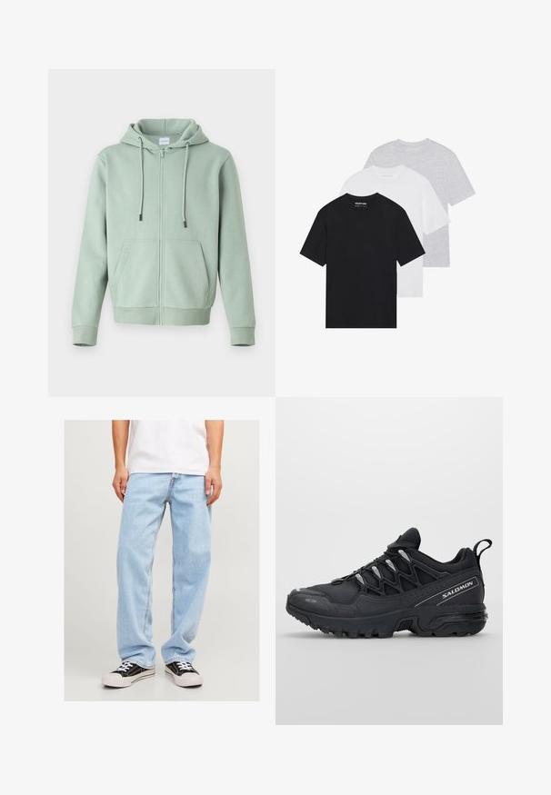 Lichtgroene ritsinstructie hoodie gemaakt van zachte stof, met een voorkant met rits, verstelbare trekkoorden en twee zijzakken.; Set van drie basic t-shirts in zwart, wit en lichtgrijs. Korte mouwen, ronde hals, gemaakt van gladde katoenstof. Merkl logo zichtbaar.; Lichtblauwe denim jeans met een relaxed fit, met een rechte pijp en standaard stiksels, gecombineerd met zwarte sneakers.; Zwarte sportieve schoenen met een bovenwerk van mesh, rubberen buitenzool en reflecterende accenten. Voorzien van een gevoerde zool en een vetersluiting.