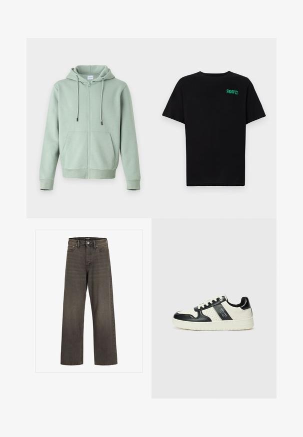 Světle zelená mikina na zip vyrobená z měkké tkaniny, s předním zipem, nastavitelnými šňůrkami a dvěma bočními kapsami.; Černé tričko vyrobené z bavlny s krátkým rukávem. Na přední straně se nachází zelené logo "ROOTS", kulatý výstřih a standardní střih.; Džínové kalhoty s širokými nohavicemi v tmavě šedém denimu, s vysokým pasem, klasickým designem pěti kapes a kontrastním prošíváním podél švů.; Kožené tenisky s černobílou barevnou kombinací, které mají perforované detaily, polstrovaný límec a texturovanou podrážku.